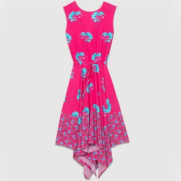 Maje NWT Rushia Pink and Blue Floral Handkerchief Hem Dress Size Large - Picture 4 of 16